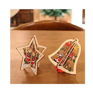 Décorations de Noël 3D en bois en forme d'étoile et de cloche avec gravures de fête et cordes