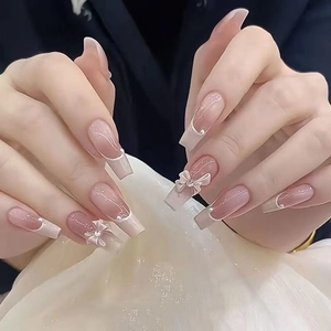 Press On Nails Long Coffin French Ombre Nude Pink With Rhinestone Bow And Artificial Pearls ABS Resin Elegant For Women