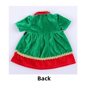 Detail view showing the back of a festive red and green velvet Christmas dress decoration