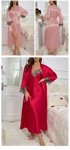 Detailed view of women's long satin loungewear set with lace trim and matching waist belt
