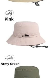 Detailed view of quick-dry outdoor bucket hats in pink, army green and khaki with chin straps