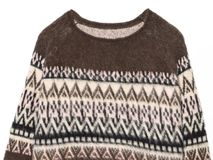 Detail of the crew neck and geometric jacquard knit pattern on the fuzzy sweater