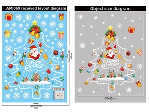 Detailed size chart showing Merry Christmas tree and Santa window stickers with dimensions