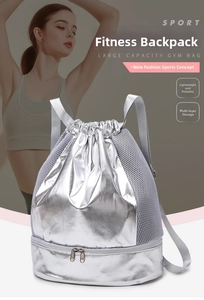 Silver pearlescent drawstring gym bag with dry wet separation and bottom shoe compartment