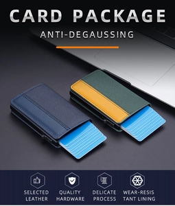 Detail of RFID leather card holders in blue and yellow with pop-up card mechanism