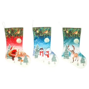 Large festive Christmas stockings with Santa, Snowman, and Reindeer printed patterns