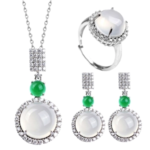 Elegant Copper Jewelry Set Natural White Green Red Yellow Chalcedony Pendant Necklace Ring Stud Earrings Rhinestone Jewelry For Women