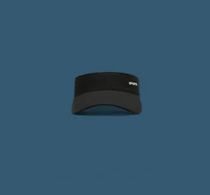 Detail view of black sun visor hat with white SPORTS text against dark blue background