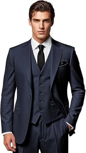 Close-up of navy blue three-piece slim fit suit with waistcoat and tie for men