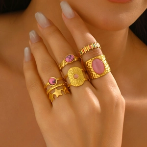 French Retro Stainless Steel 18K Gold Plated Open Ring For Women Natural Stone Pink Rhinestone Enamel Geometric Adjustable Ring