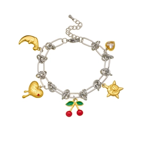 Gold plated stainless steel chain bracelet with cherry, sun, and heart charms