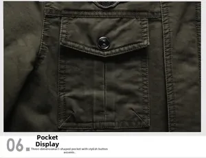 Detail einer armee-grünen Canvas-Jacke mit 3D-Cargotasche und schwarzem Knopf-Akzent