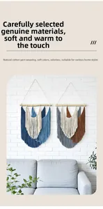 Close-up of handmade bohemian woven wall tapestries in blue and caramel color palettes
