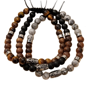 Herren-Set aus Tigerauge und Onyx Perlenarmbändern mit verstellbarer Kordel