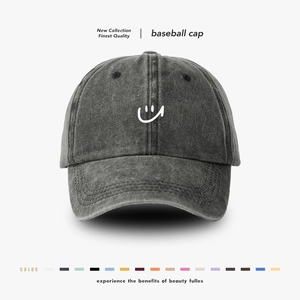 Washed Cotton Baseball Cap Mit Smiley Stickerei Retro Distressed Casual Verstellbar Outdoor Sonnenschutz Hut