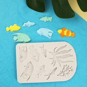 Marine theme silicone mold for fondant and clay featuring sea grass and small fish shapes