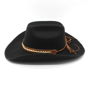 Classic black wool western cowboy hat with wide brim and decorative brown leather band
