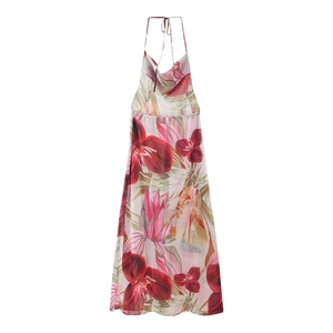 Robe longue dos nu sexy avec imprimé floral rouge et violet sur tissu semi-transparent