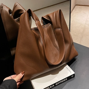 Brown large capacity hobo tote bag in lychee pattern leather for daily commuting