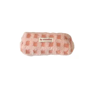 Pink waffle fleece checkered pencil case with zipper and large storage for stationery