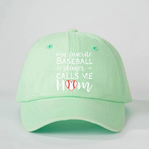 Detail of mint green baseball cap with embroidered Baseball Player Calls Me Mom slogan
