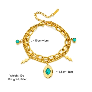 Bohemian double-layer stainless steel bracelet with green stone and bolt pendant