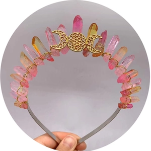 Handmade moon and star crystal crown headband with pink and yellow natural quartz stones