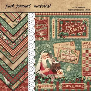 12 sheets of 6x6 inch retro Christmas junk journal paper with Santa and vintage designs