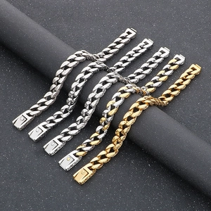Men's 11mm Cuban chain bracelets in gold and silver steel with square folding clasps