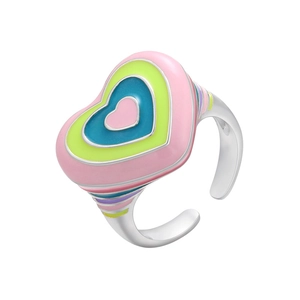 Silver adjustable heart ring with colorful pink, yellow and blue enamel layers
