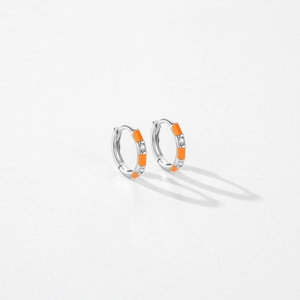 S925 sterling silver hoop earrings with orange enamel and cubic zirconia inlays