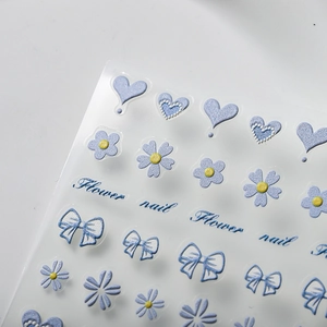3D embossed light blue floral nail stickers with heart and bowknot patterns TS-2405