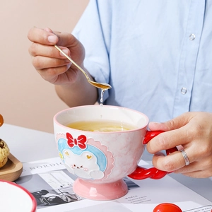Pink ceramic bear mug with red handle, high capacity cup for breakfast and coffee