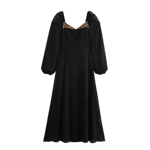 Robe Maxi Élégante À Imprimé Léopard Patchwork Col Carré Manches Bouffantes Longues Froncées Taille Haute Mousseline Femmes