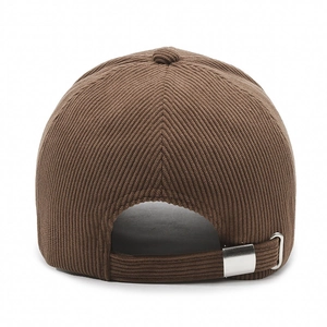 Brown corduroy baseball cap back view showing adjustable metal buckle and texture
