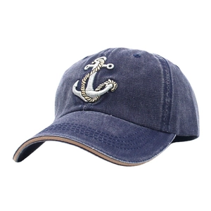 Navy blue washed denim baseball cap with anchor embroidery and contrast brown piping