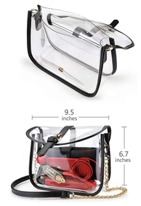 Detailed view of clear saddle crossbody bag with chain strap and size dimensions