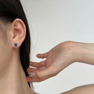 Vue rapprochée de boucles d'oreilles carrées bleues serties d'argent sur un modèle