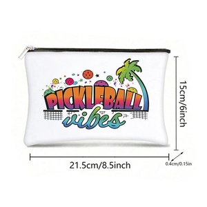 White fabric makeup bag featuring colorful Pickleball vibes print and secure zipper closure