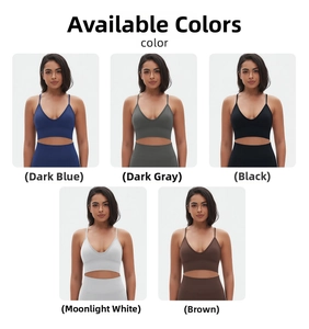 V-neck seamless sports bra in five colors: navy, dark grey, black, white, and brown