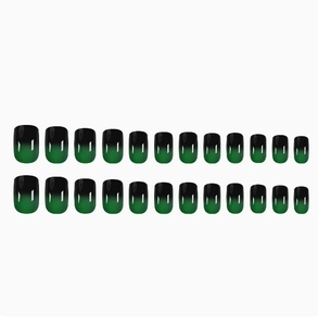 Detail of 24pcs square press-on nails featuring a polished green and black gradient effect