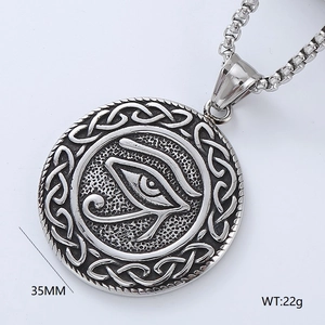 Detail of 35mm Nordic Eye of Horus pendant with Celtic knotwork in antique silver