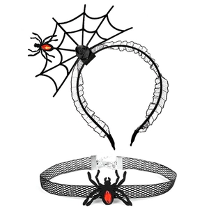Detail of Halloween spider web headband and mesh choker with red rhinestones