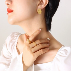 French vintage titanium steel gold oval embossed rose earrings and stacked ring set