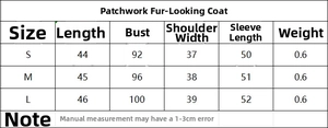 Size chart detail for patchwork faux fur jacket and shorts set with measurements