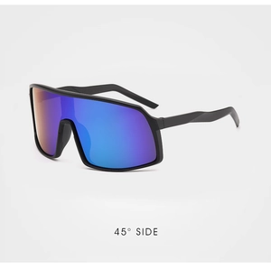 Detail view of 45-degree angle cycling sunglasses with blue-purple gradient lenses