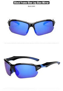 Close-up of polarized sports sunglasses with black frames and blue mirrored lenses