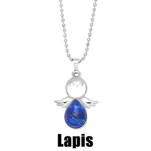 Lapis lazuli angel wing pendant necklace with silver bead chain on white background