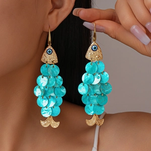 Bohemian gold fish-shaped earrings with blue sequins and evil eye charm for women