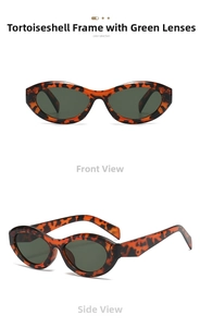 Detail view of retro oval tortoiseshell sunglasses with dark green lenses in dual angles